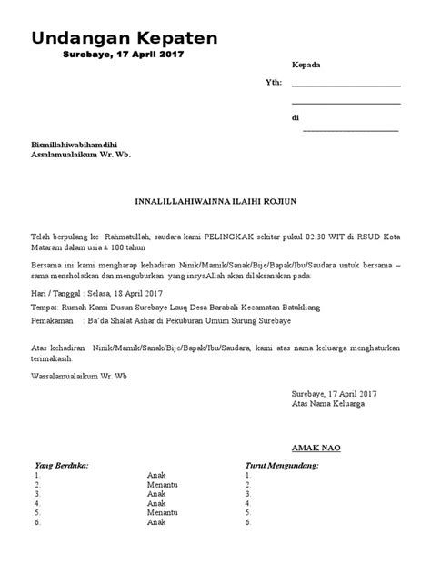 Format gambar contoh surat edaran sumbangan kematian yang benar 2019. 1 Contoh Surat Berita Kematian oleh Ardi Surebaye Lauq.docx