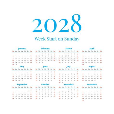 2028 Calendar With The Weeks Start On Sunday Stock Vector
