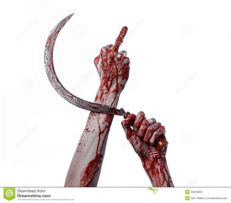 Bloody Hand Holding A Sickle, Sickle Bloody, Bloody Scythe, Bloody Theme, Halloween Theme, White 