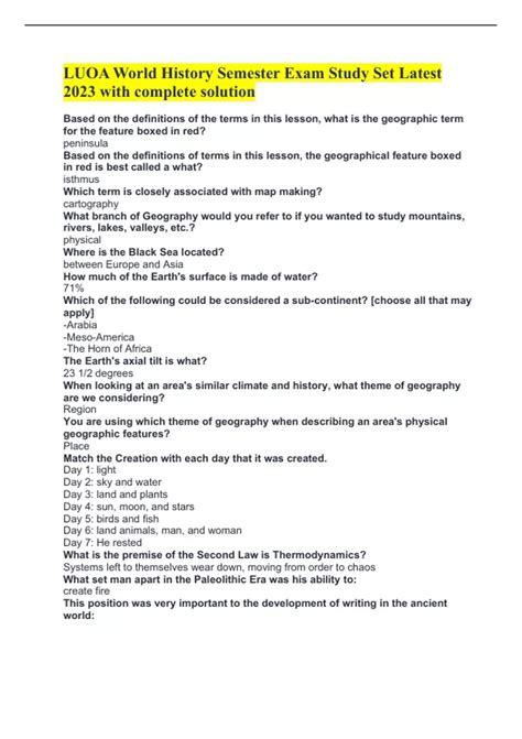 LUOA World History Semester Exam Study Set Latest 2023 with complete