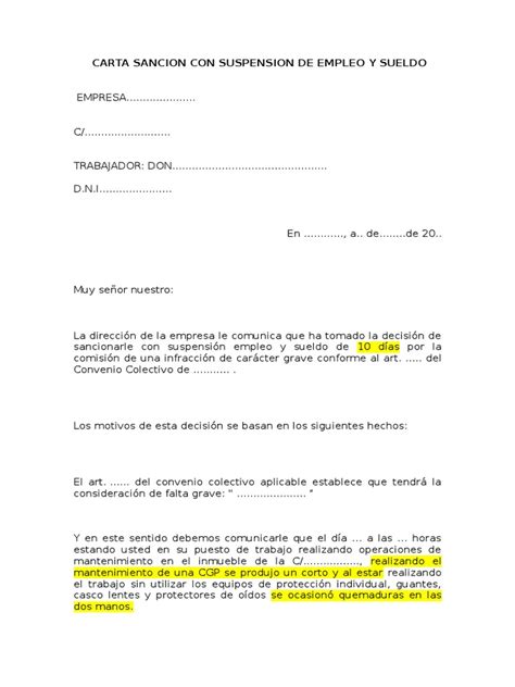 Carta Sancion Con Suspension De Empleo Y Sueldo Pdf