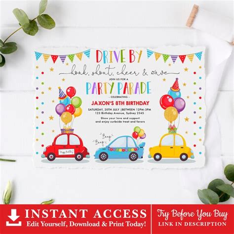 Editable Drive Through Birthday Invitation Drive By Party Parade