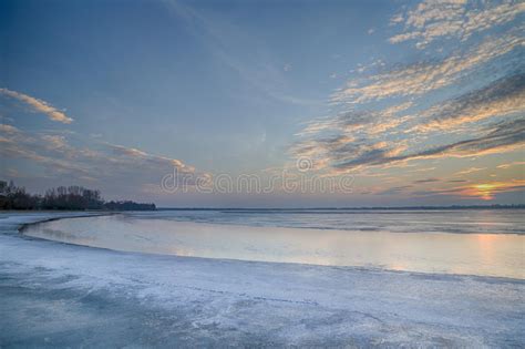 The Sun Set Over The Frozen Lake Stock Image Image Of Winter
