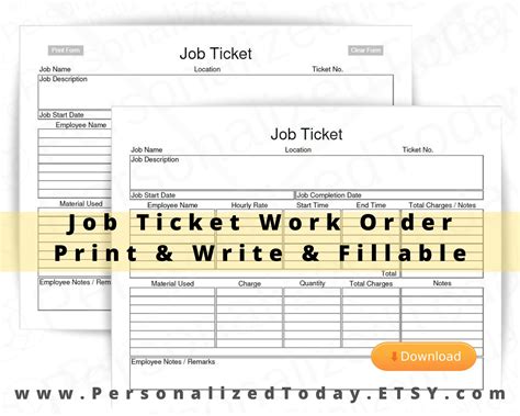 Job Ticket Work Order Form Fillable Editable PDF US Letter | Etsy