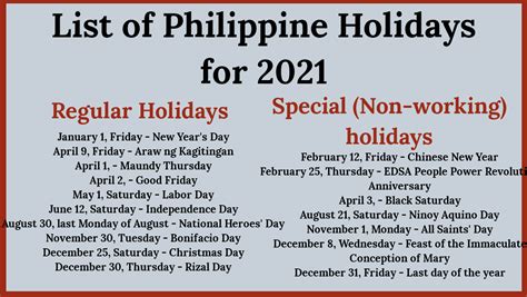 List Of Official Regular And Special Non Working Holidays In 2021