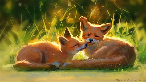 Download Wallpaper 1600x900 Foxes Cute Animals Grass Art Widescreen