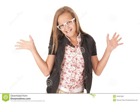 Young Female Model In White Glasses Posing With Hands Out