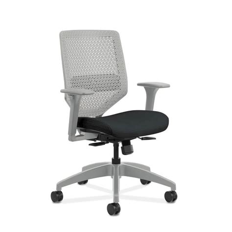 The synchronized seat and back to provide proper balance, alignment and lumbar support, and can be adjusted with a single lever. HON Solve Mid Back Task Chair | Reactiv Back | Ink Fabric