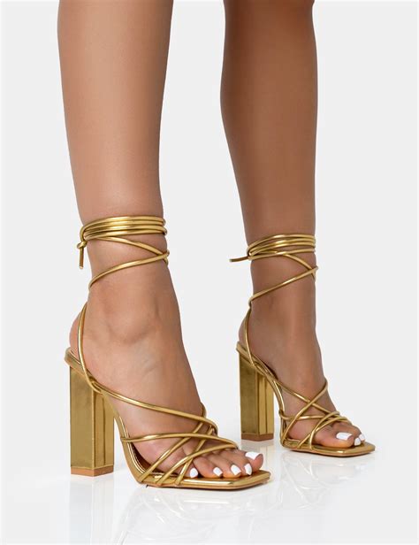 Public Desire Nyla Gold Strappy Lace Up Square Toe Block Heels In Brown