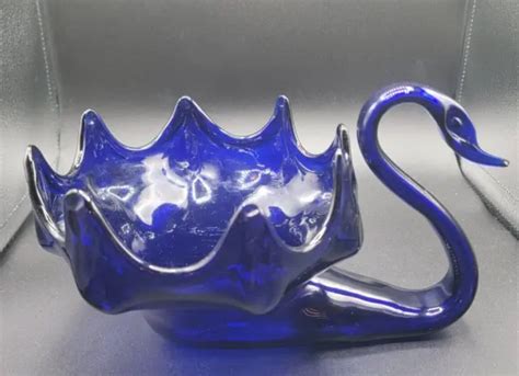 Vintage Large Cobalt Blue Swan Bowl Centerpiece Hand Blown Art Glass Swirled 38 25 Picclick