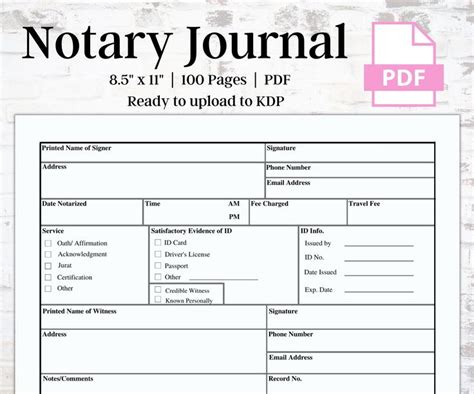 Notary Journal Notary Record Log Book Instant Download Kdp Interior Pdf