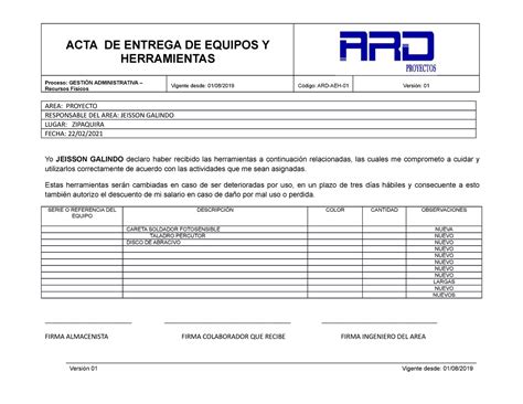 Acta Entrega De Equipos Y Herramientas Acta De Entrega De Equipos Y