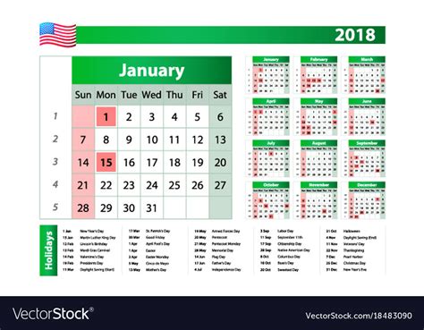2018 Green Yearly Calendar Federal Holidays Moon Vector Image