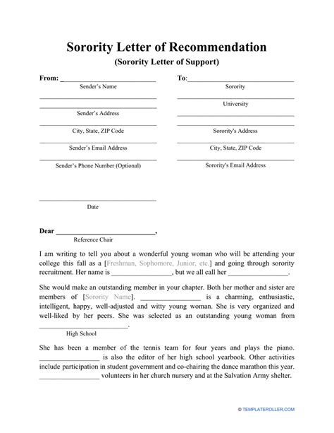Sorority Letter Of Recommendation Template Download Printable Pdf Templateroller
