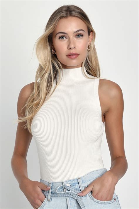 Ivory Ribbed Knit Top Mock Neck Sweater Top Sweater Tank Top Lulus