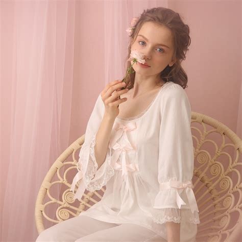 Free Shipping 2016 New Spring Princess Womens White Pajamas Pants Set