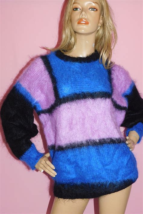 Vintage 80s Multicoloured Shaggy Mohair Colour Block Sweater Jumper S M