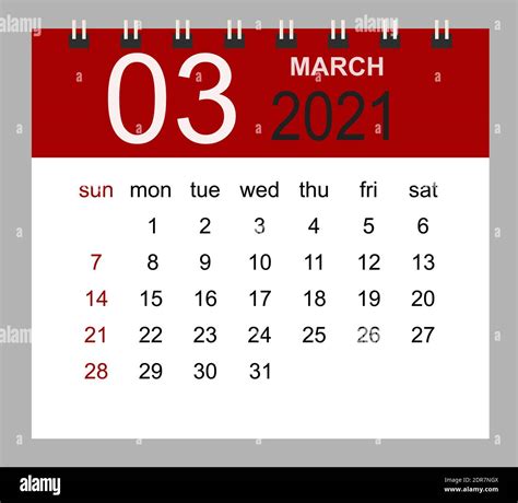 Simple Desk Calendar For March 2021 Week Starts Sunday Isolated