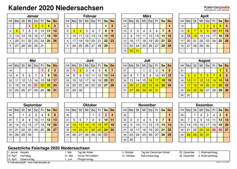 Kalender 2020 Niedersachsen Ferien Feiertage Excel Vorlagen