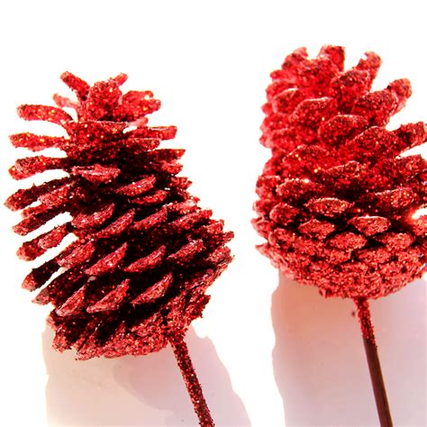 Red Glitter Pine Cones Branches Christmas Decorations Ideas
