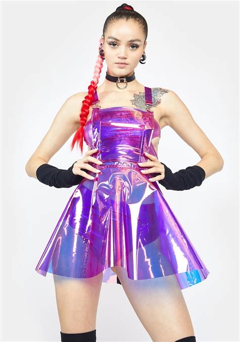 club exx clear holographic overall dress purple in 2022 edm outfits overall dress rave fashion