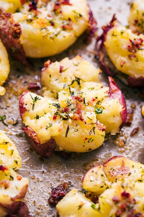 Let the potatoes steam dry a bit after smashing them. Herb Garlic Butter Smashed Potatoes | The Food Cafe