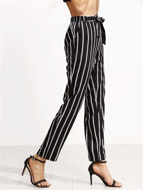 Black Vertical Striped Self Tie Pants Sheinsheinside