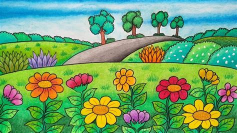 Ayo belajar menggambar bersama kak mad. Menggambar taman bunga || Cara menggambar pemandangan taman bunga || Belajar menggambar bunga ...