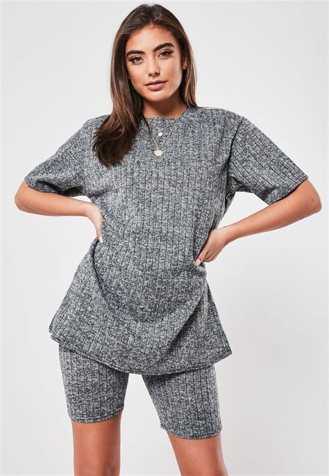 Grey Rib Oversized T Shirt And Cycling Short Co Ord Set | Missguided