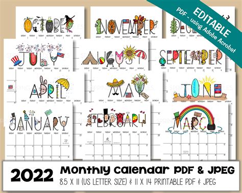 2022 Calendar Printable Pdf And Jpeg Digital Download Etsy
