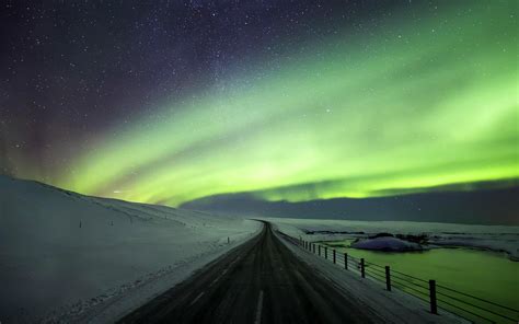 Beautiful Northern Lights Road Snow Winter Iceland Wallpaper
