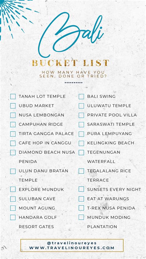 Telegraph travel's team of experts select the 31 experiences that should be on your 'bucket list'. Bali Bucket List - Travel In Our Eyes