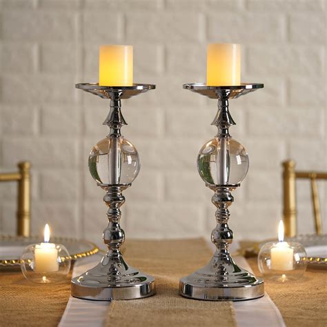 2 Pack 13 Tall Silver Metallic Pillar Candle Holder Set With Clear