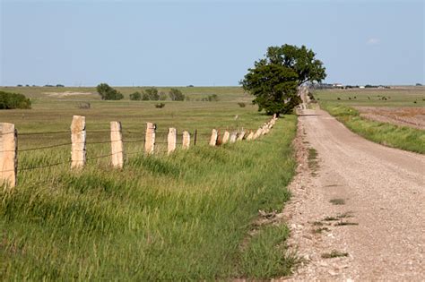 Dirt Farm Road Limestone Post Rock Fence Kansas Agricultural Fields