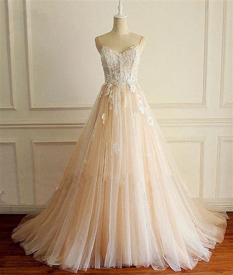 Champagne V Neck Tulle Lace Long Prom Dress Sassymyprom