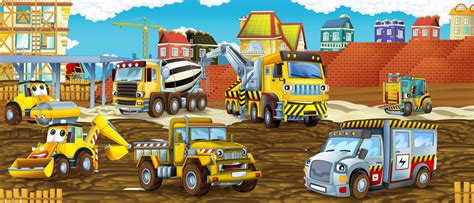 Cartoon Scene With Different Happy Construction Site Vehicles Stock
