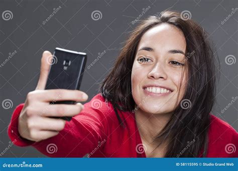 Naturally Gorgeous Mixed Race Woman Taking A Selfie Stock Image Image Of Joyful Cheeky 58115595
