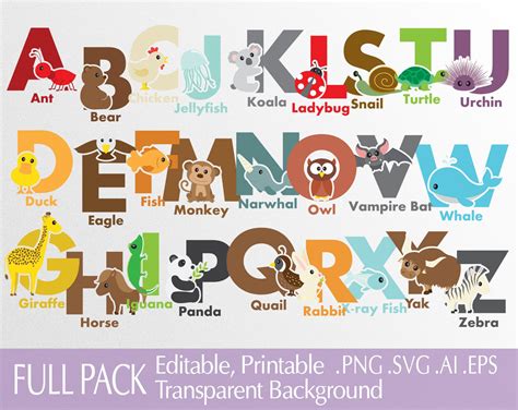 Cartoon Animals Kids Alphabet Clipart Png Alphabet Vector Etsy