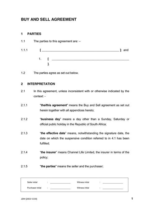 Buy And Sell Agreement In Word And Pdf Formats