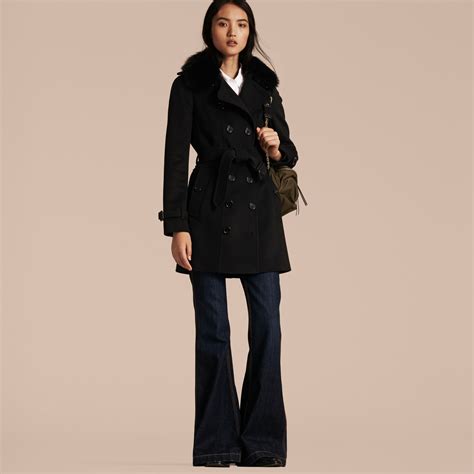 Fox Fur Collar Wool Cashmere Trench Coat In Black Women Burberry