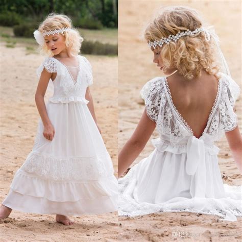 2020 New Beach Flower Girl Dresses For Wedding Capped V Neck Lace