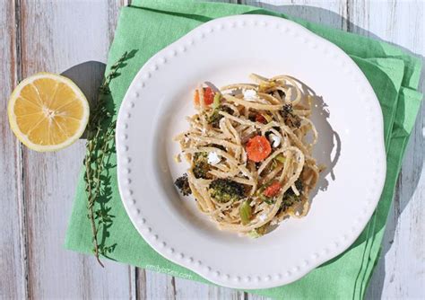 Linguine With Roasted Vegetables And Goat Cheese Emily Bites Recipe