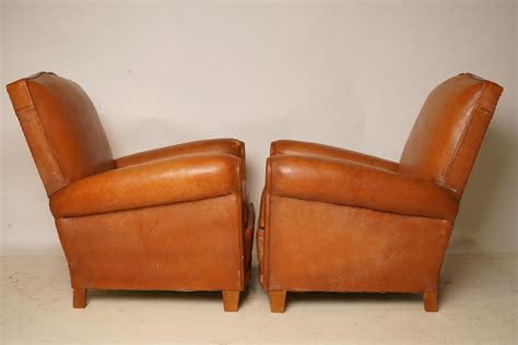 C 1940 Pair Of French Leather Art Deco Club Chairs At 1stdibs French