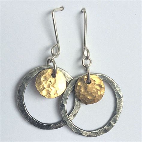 Mixed Metal Earrings Silver And Gold Hoop Hammered Silver Earrings Boho Earrings T For