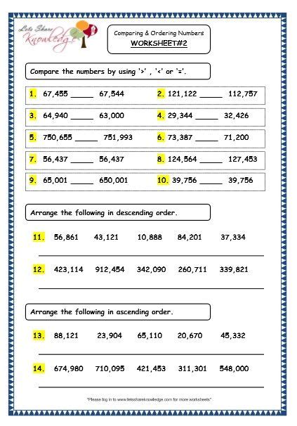 Grade 4 Maths Resources 12 Comparing And Ordering 5 And 6 Digit Numbers Printable Worksheets