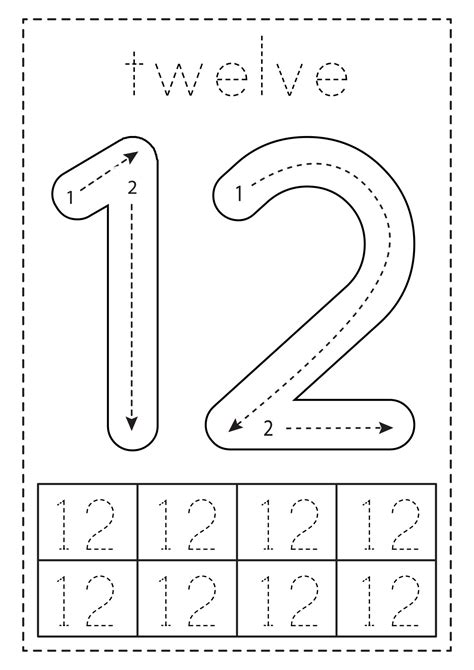Tracing Number Twelve Preschool Worksheet Black And White 8813548