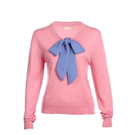 Candy Pink Helen Sweater W Cornflower Blue Silk Tie Pussy Bow Asneh