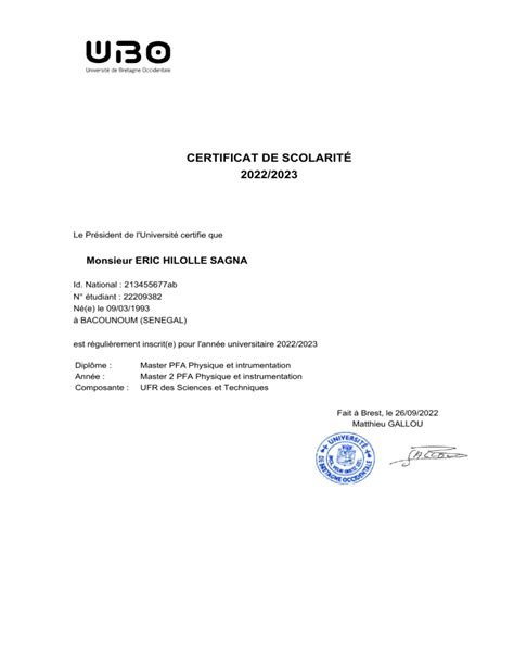 Certificat De Scolarité Dpfim2 2022 2023 Eric Hilolle Sagna