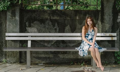 Wallpaper Asian Bench Legs Barefoot Sitting Women Outdoors