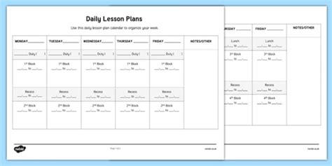 Daily Lesson Plans Week To A Page Calendar